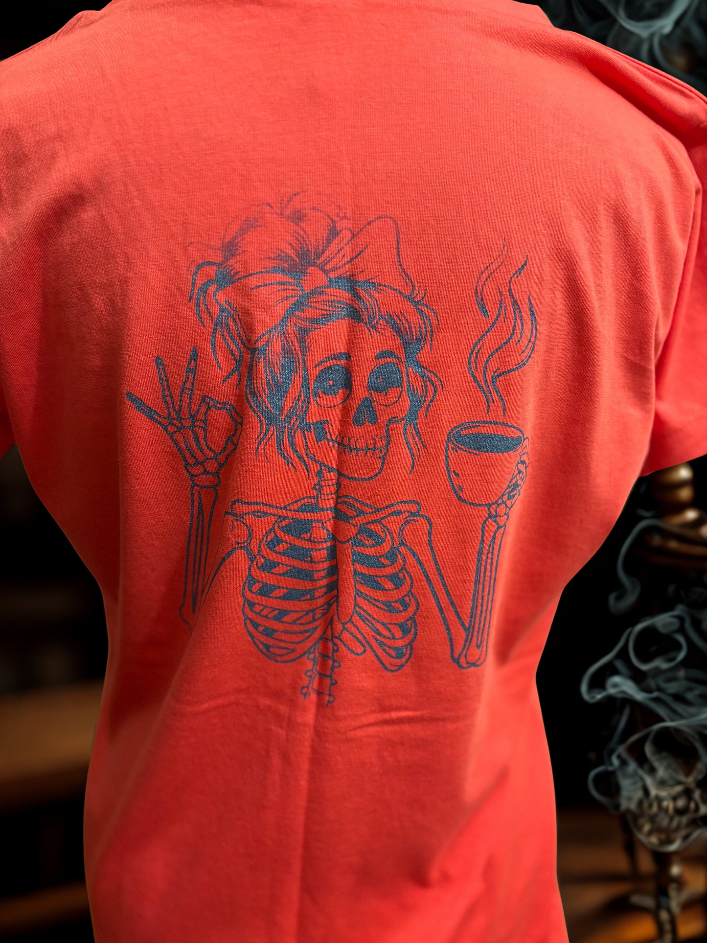 Coffee Vibes: Orange Tee with Sassy Skeleton Style
