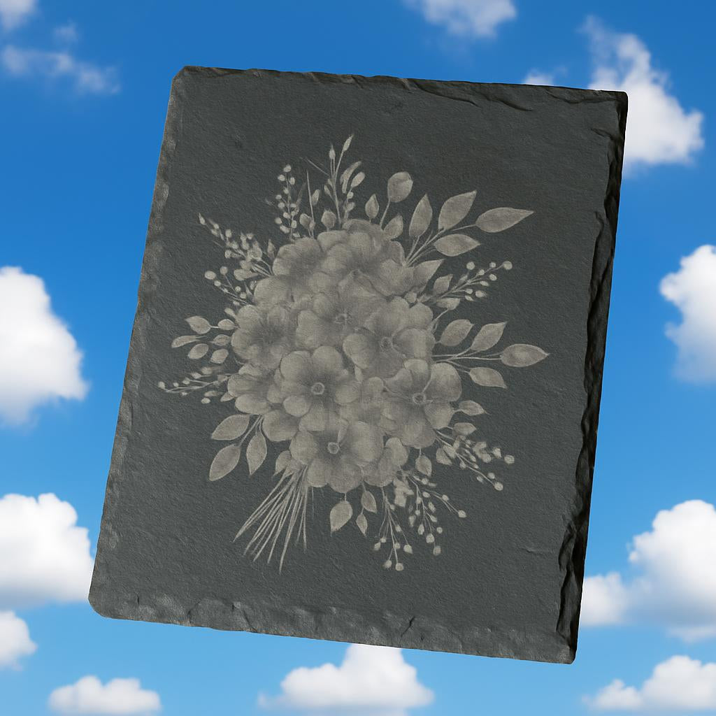 Elegant Slate Coaster Set with Engraved Floral Designs & Stylish Wood Display Stands