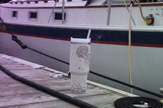 40oz Stainless Steel Tumbler with Straw & Lid – Ocean Jellyfish & Seahorse Design