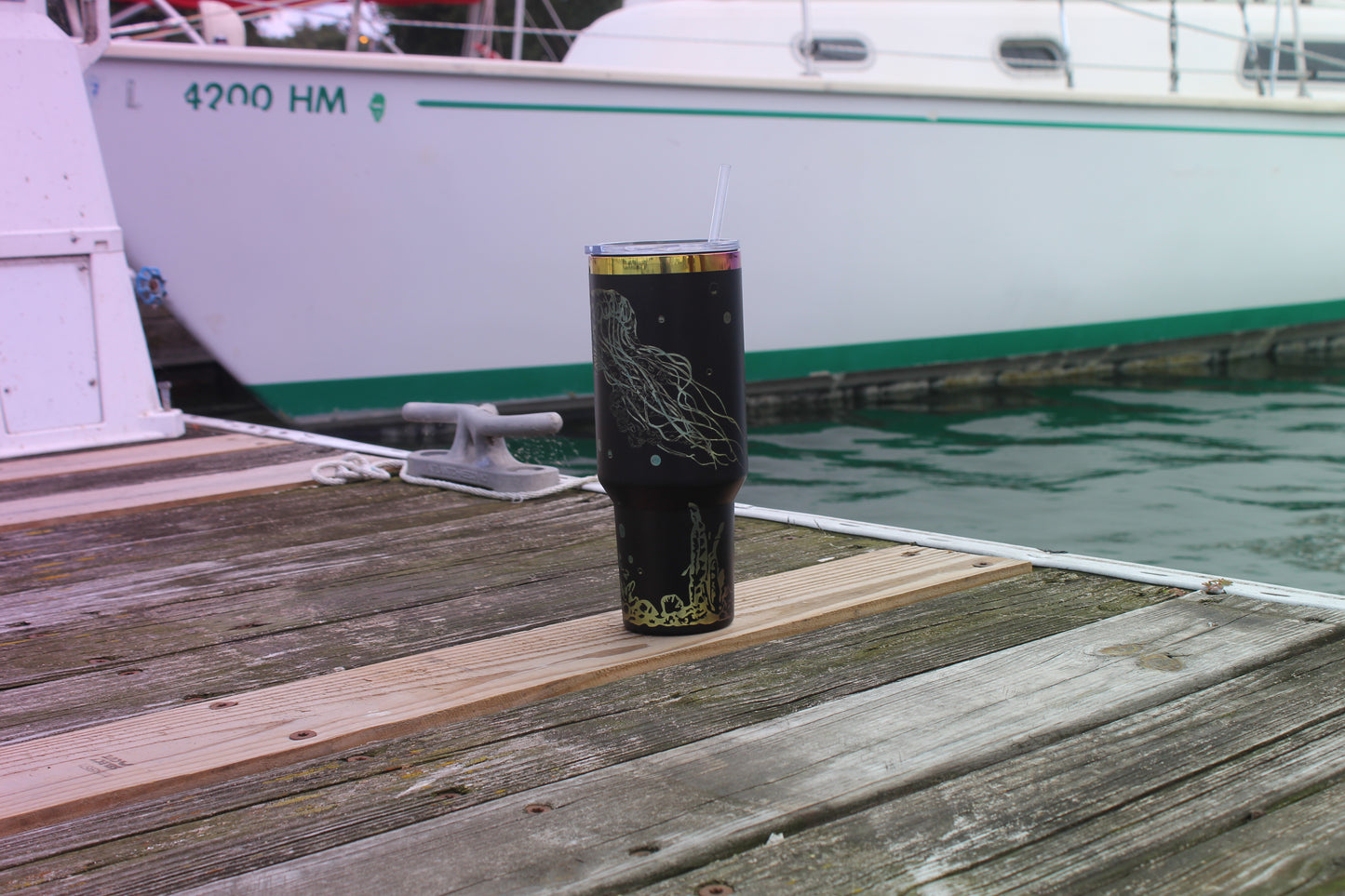 40oz Stainless Steel Tumbler with Straw & Lid – Ocean Jellyfish & Seahorse Design
