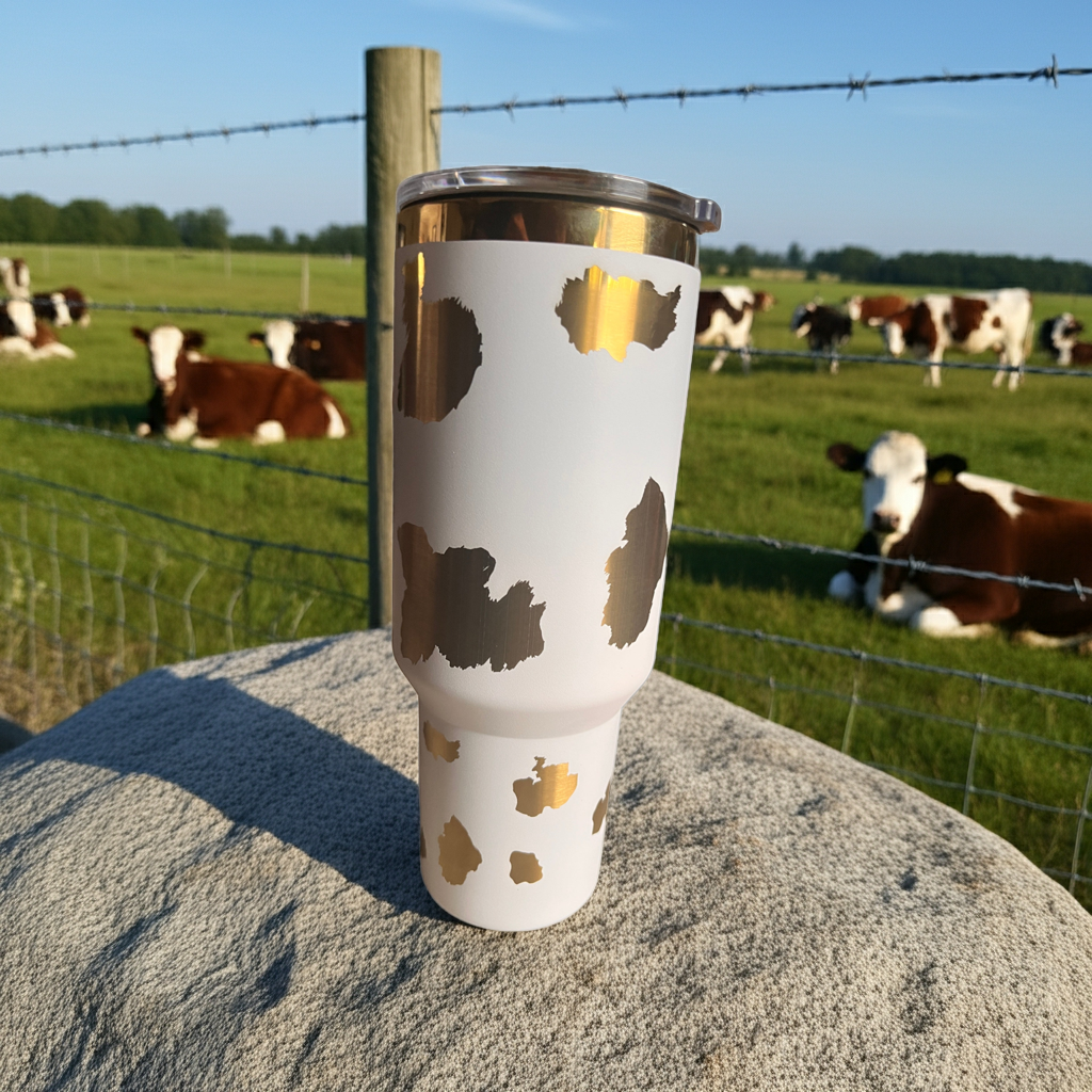 40oz White Stainless Steel Tumbler – Gold Engraved Cow Pattern with Lid & Straw
