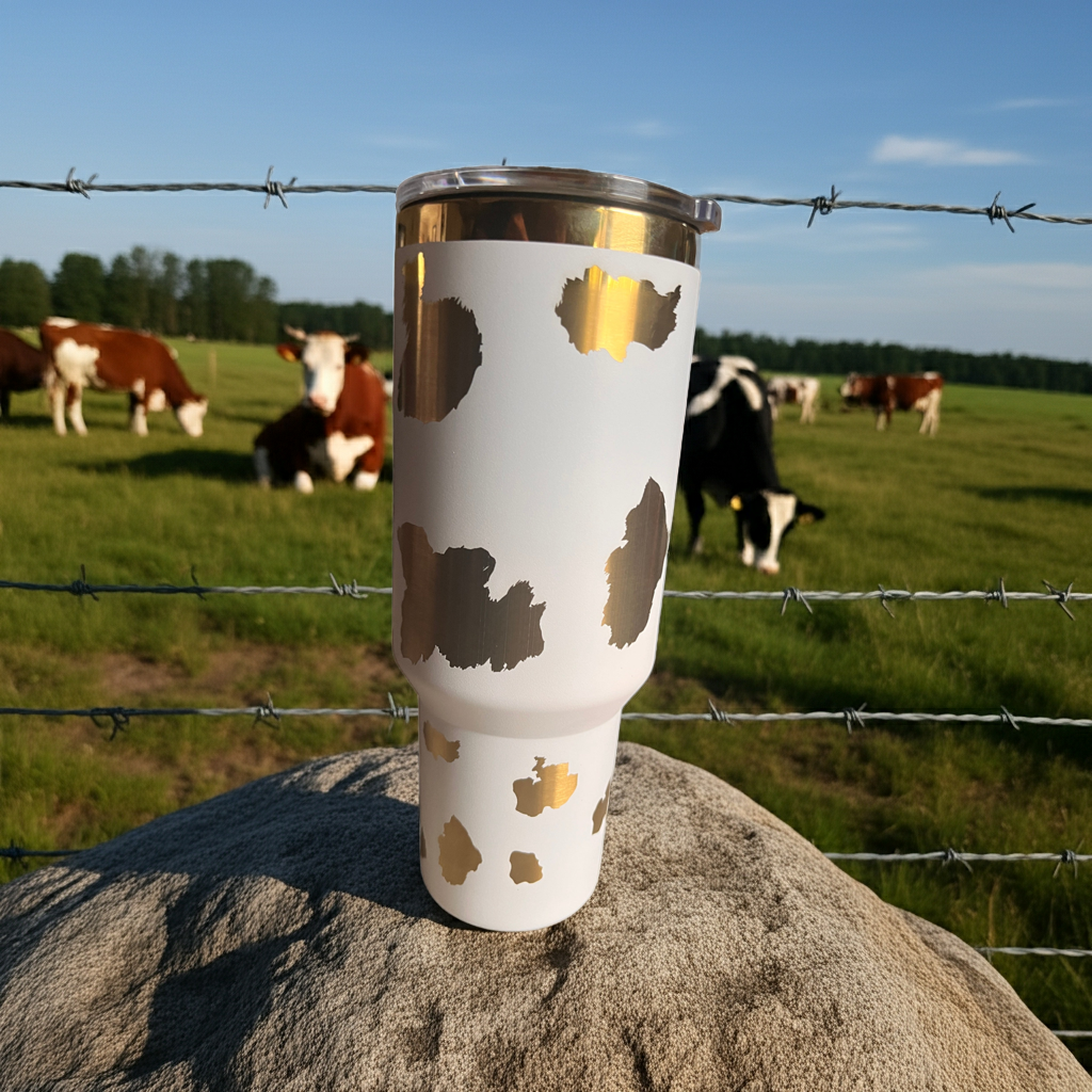 40oz White Stainless Steel Tumbler – Gold Engraved Cow Pattern with Lid & Straw