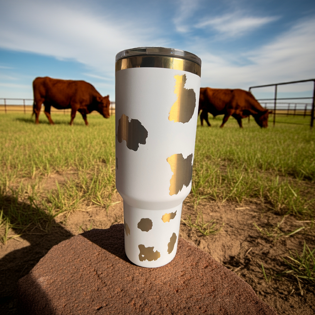40oz White Stainless Steel Tumbler – Gold Engraved Cow Pattern with Lid & Straw