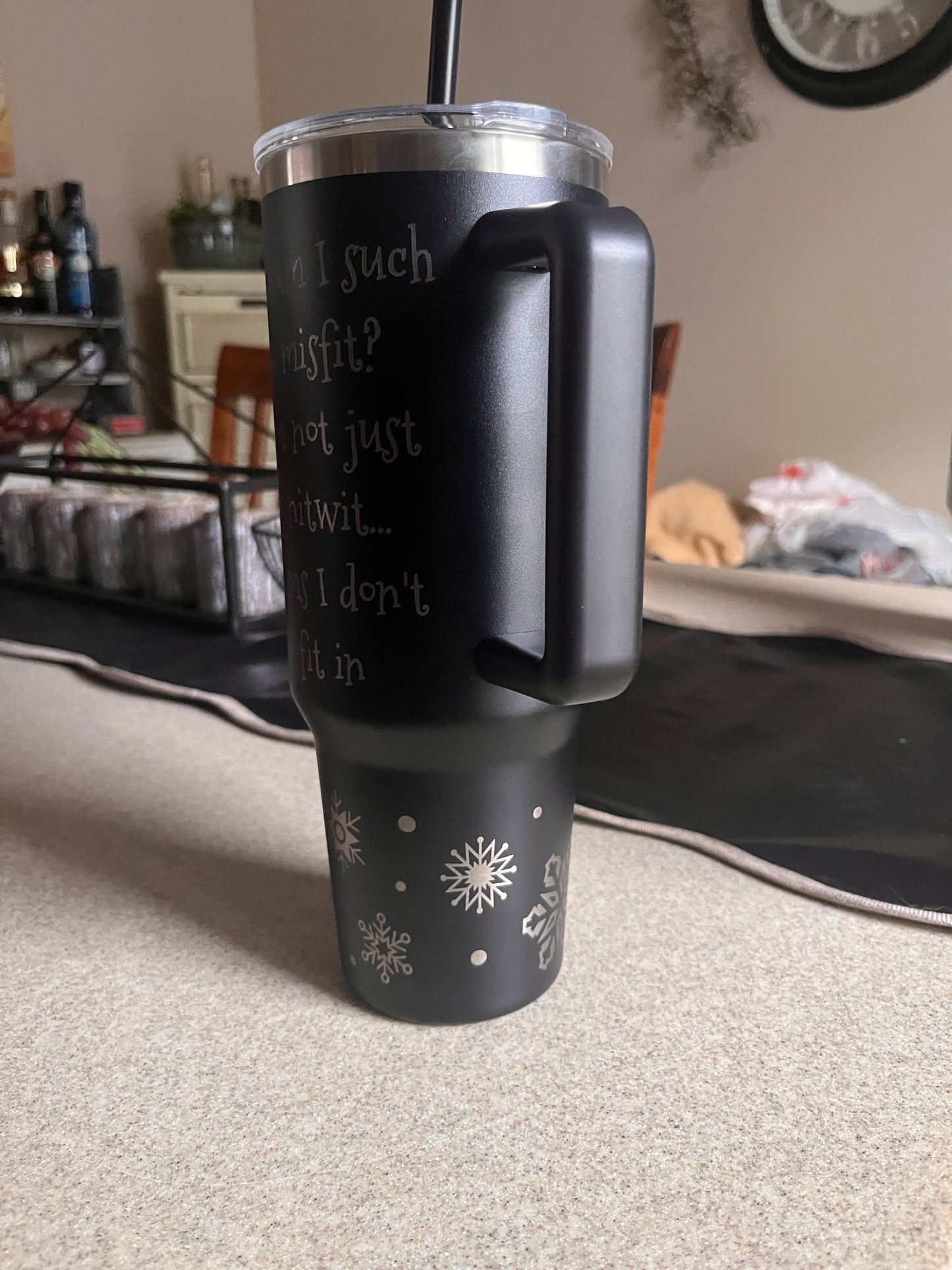 40oz Black Stainless Steel Tumbler – Laser Engraved Misfit Island Design with Band Logo & Quote