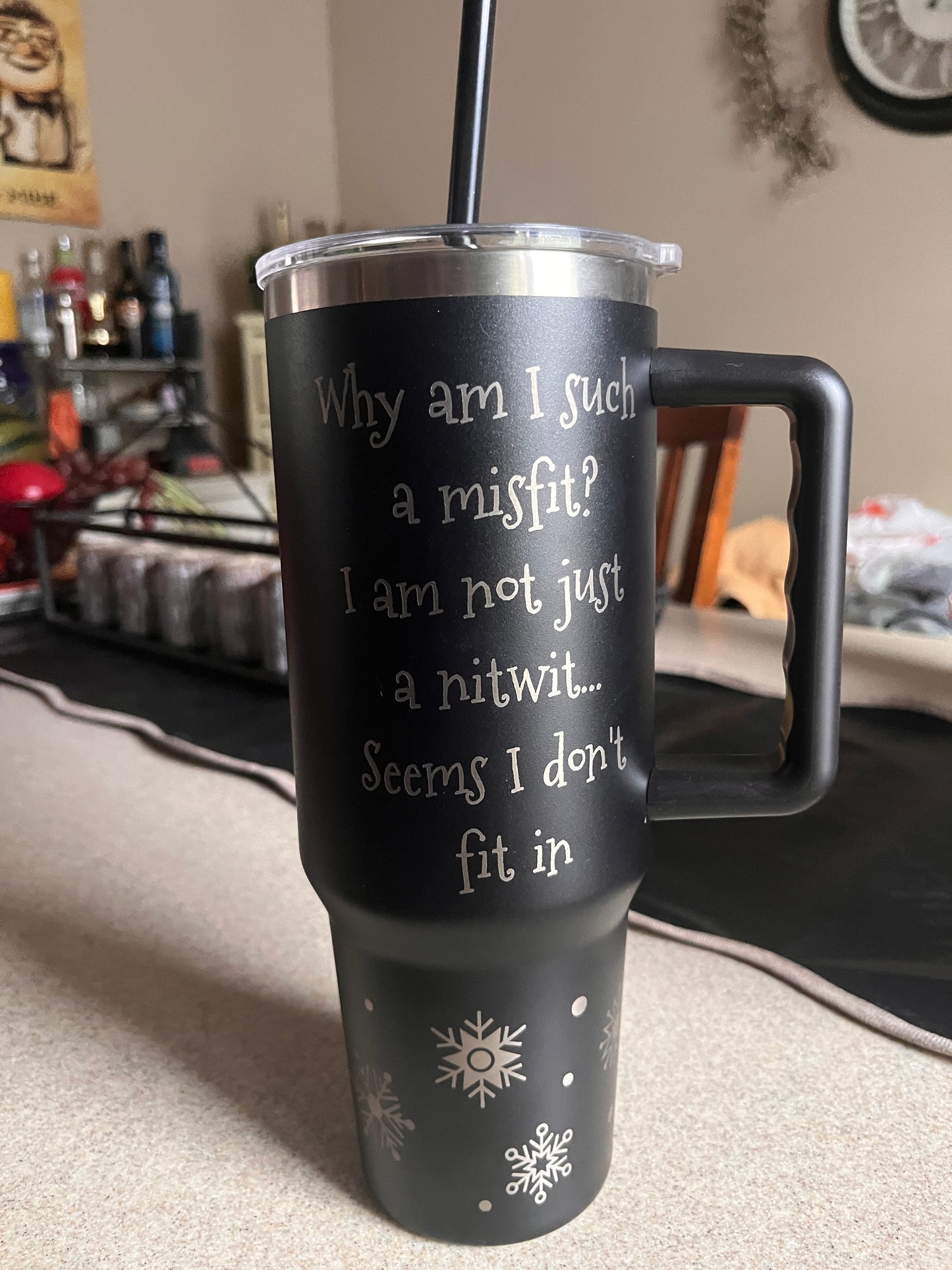 40oz Black Stainless Steel Tumbler – Laser Engraved Misfit Island Design with Band Logo & Quote