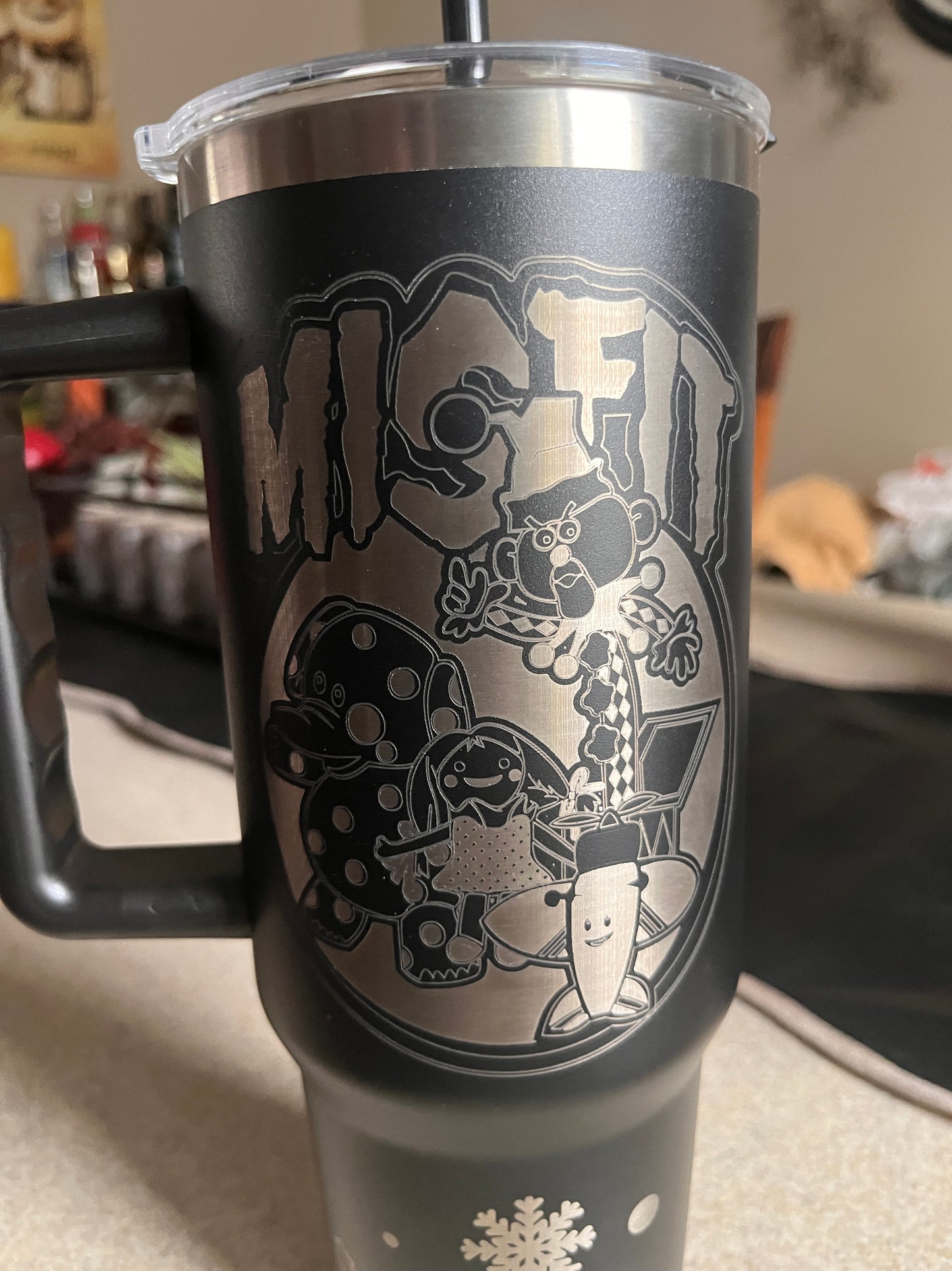 40oz Black Stainless Steel Tumbler – Laser Engraved Misfit Island Design with Band Logo & Quote