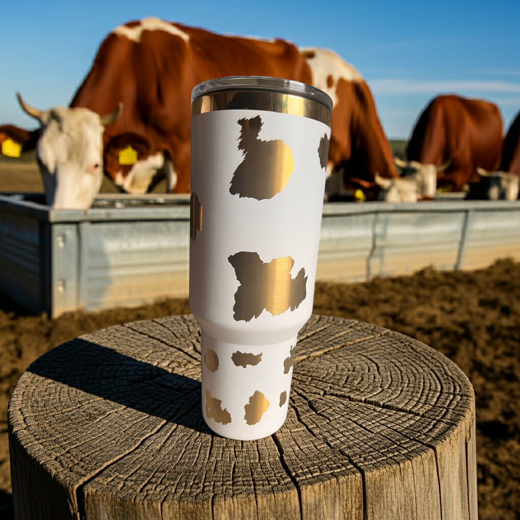 40oz White Stainless Steel Tumbler – Gold Engraved Cow Pattern with Lid & Straw