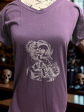 Brew-tifully Bold: Purple Tee with Sassy Skeleton & Coffee Design