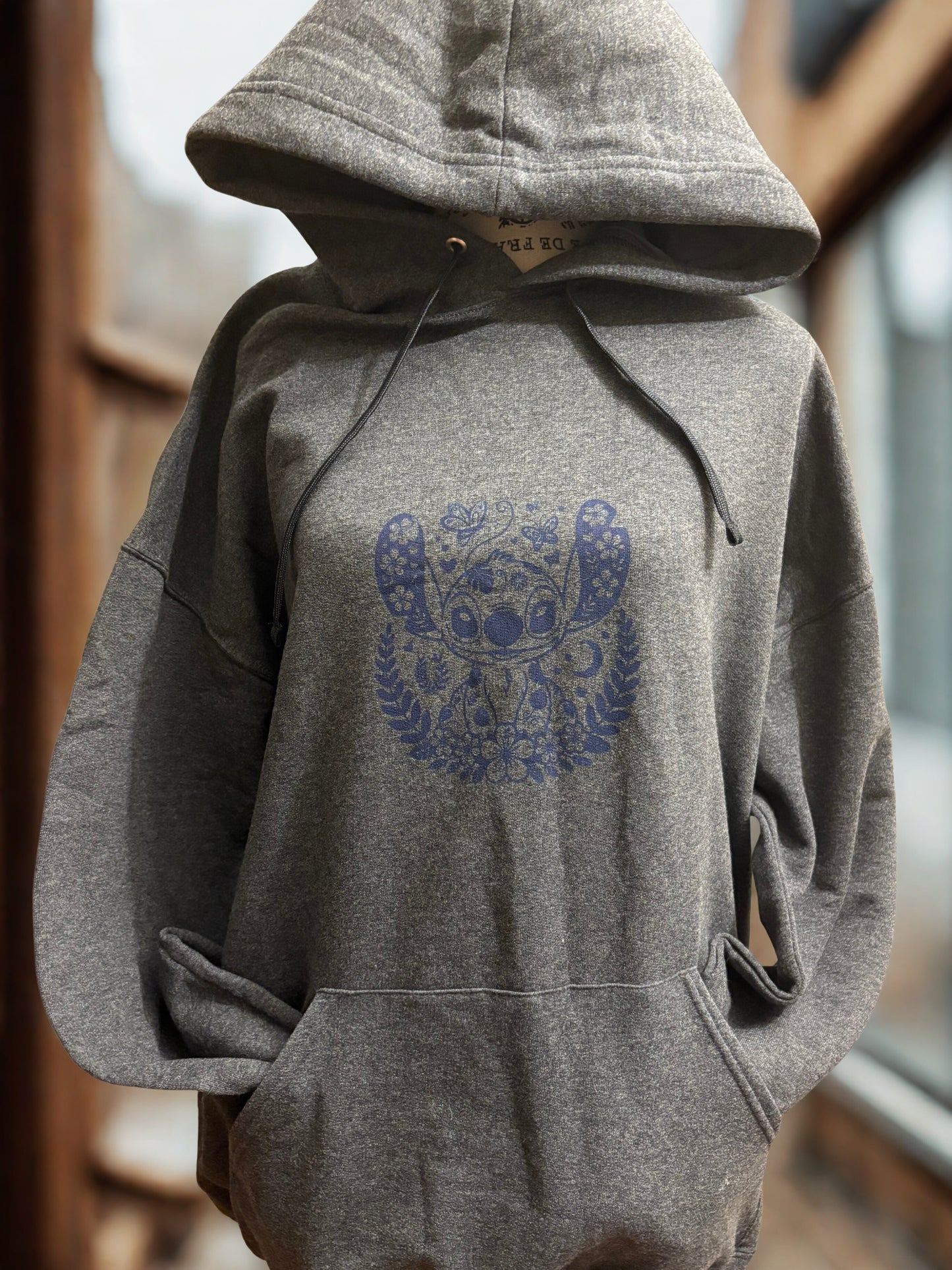 Cozy Grey Hoodie with Stylish Stitch Butterfly & Flower Motif