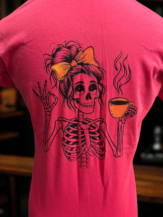 Sip in Style: Pink Tee with Chic Skeleton & Coffee Design