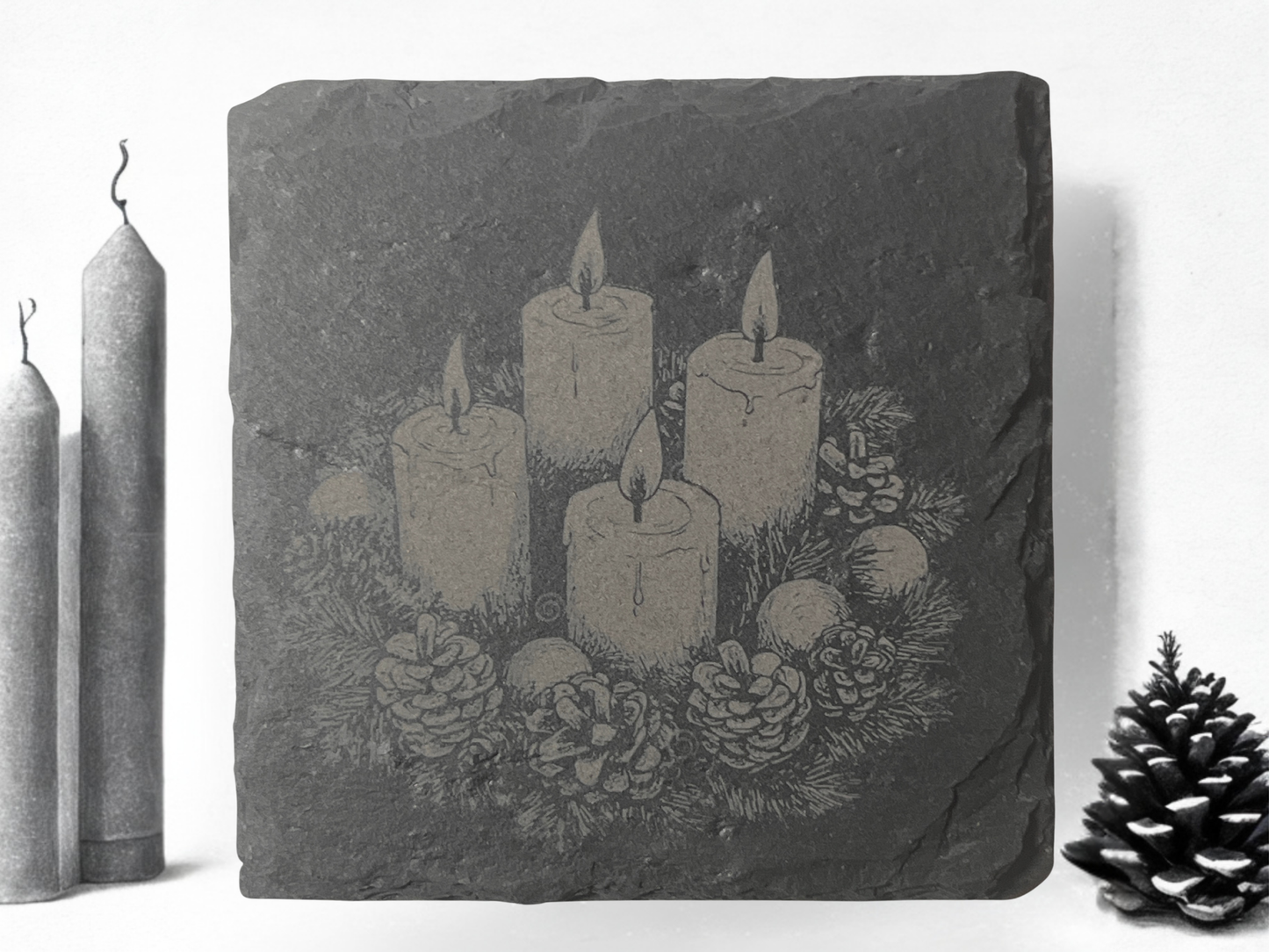 Yuletide Etchings: 4-Piece Christmas Slate Coaster Set with Wooden Stands