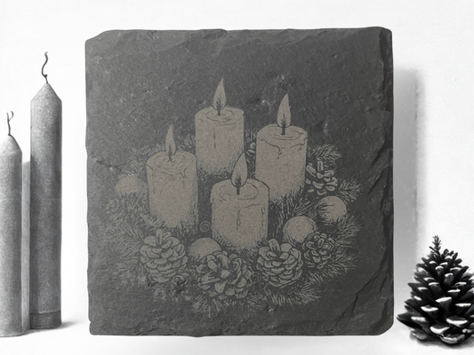 Yuletide Etchings: 4-Piece Christmas Slate Coaster Set with Wooden Stands