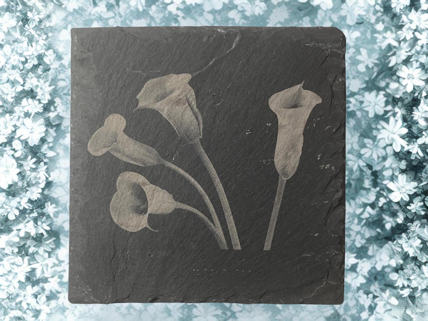 Bloom & Slate: Set of 4 Floral Slate Coasters with Wooden Stands