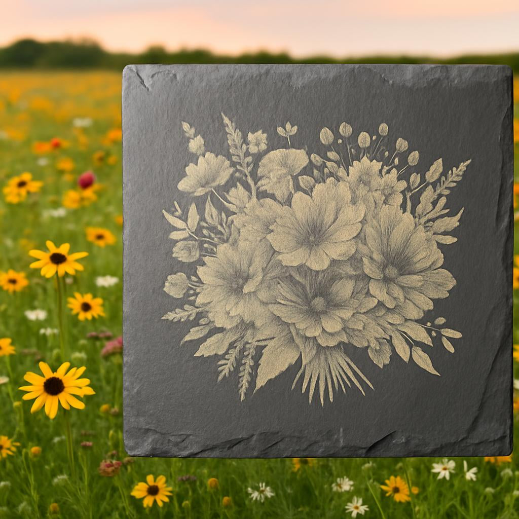 Elegant Slate Coaster Set with Engraved Floral Designs & Stylish Wood Display Stands