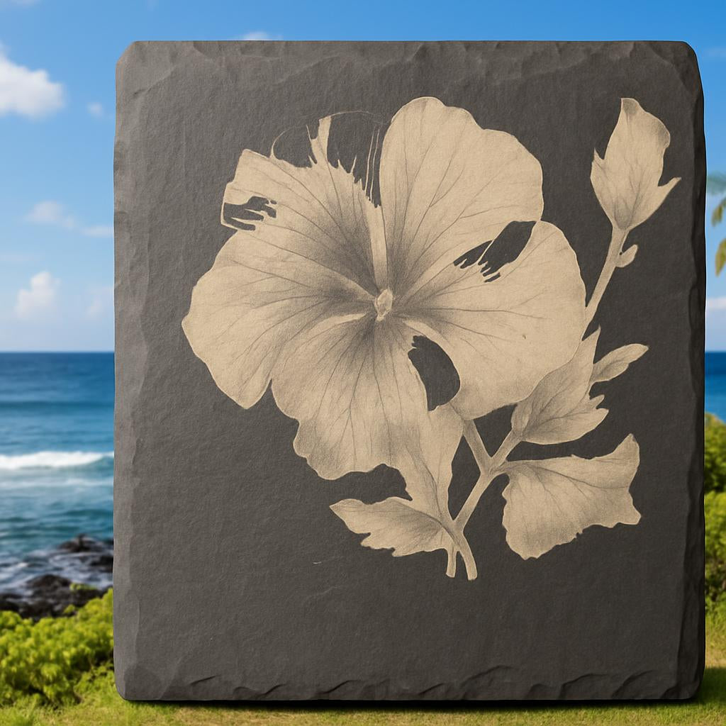 Elegant Slate Coaster Set with Engraved Floral Designs & Stylish Wood Display Stands