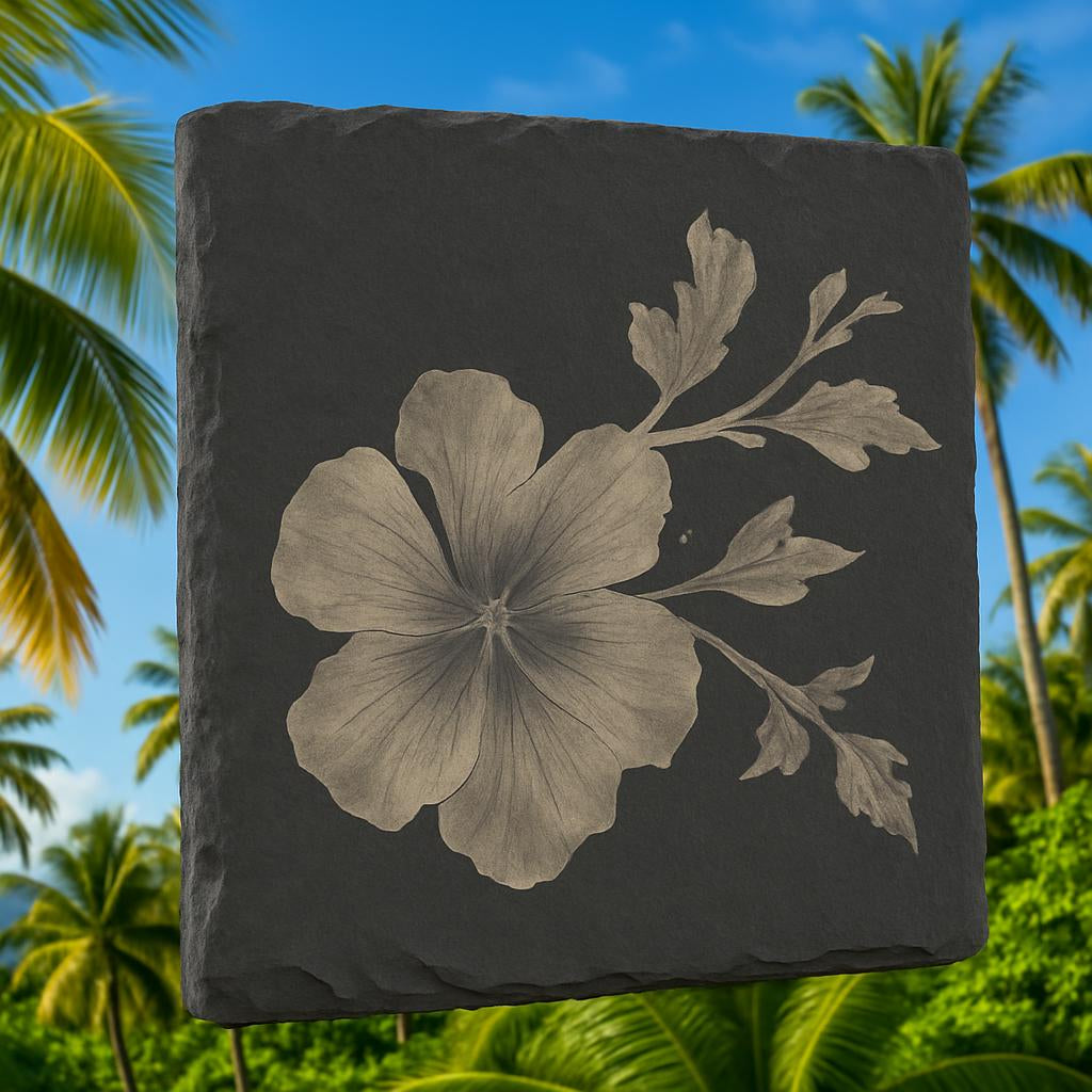 Elegant Slate Coaster Set with Engraved Floral Designs & Stylish Wood Display Stands
