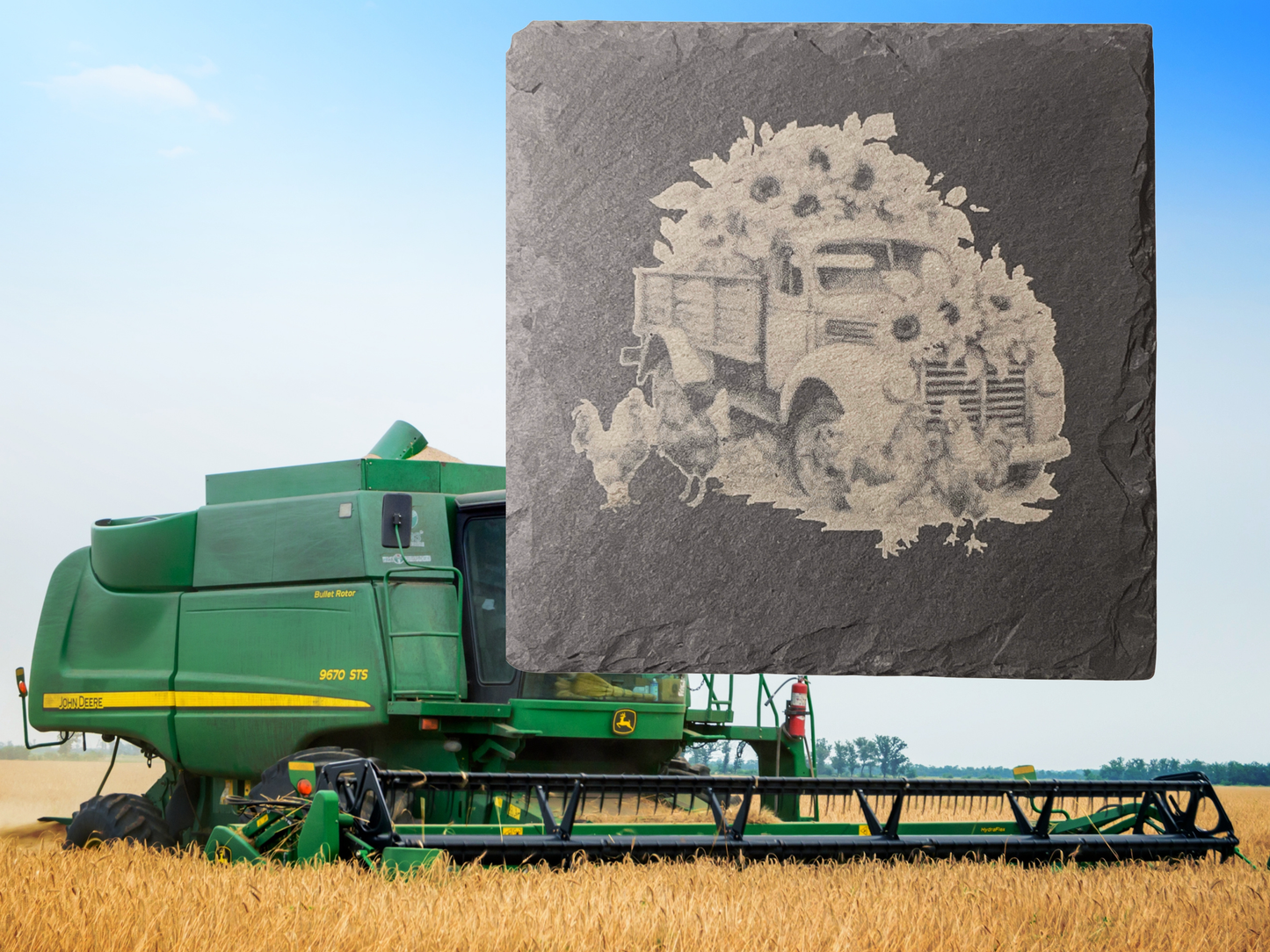 Barnyard Charm: Set of 4 Slate Coasters (Cows & Chickens) with Wooden Stands — Clucking Good Gift