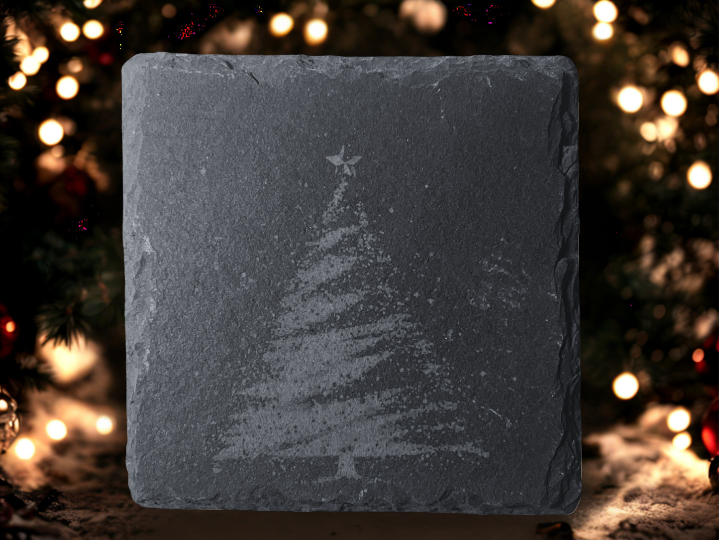 Yuletide Etchings: 4-Piece Christmas Slate Coaster Set with Wooden Stands