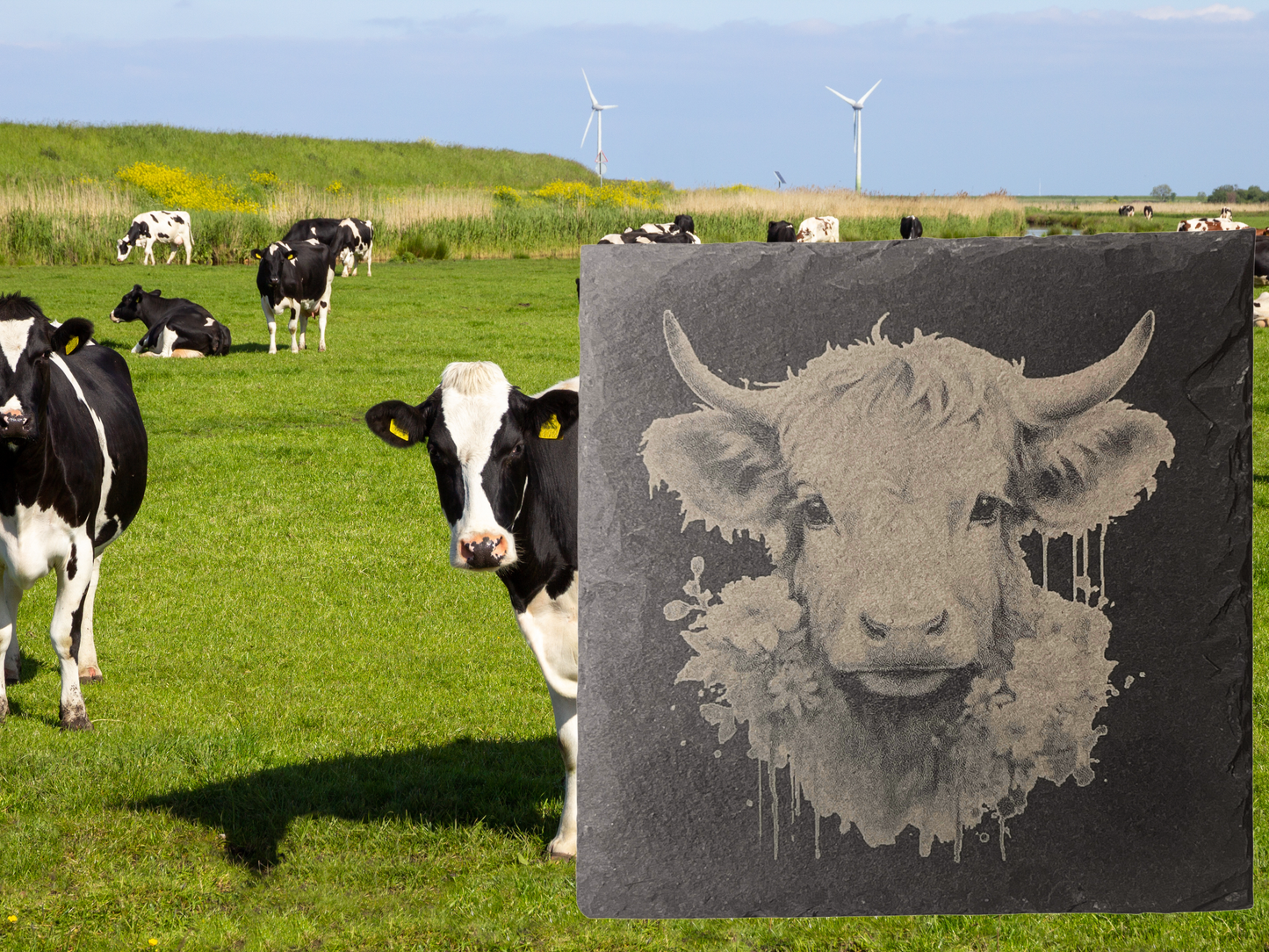 Barnyard Charm: Set of 4 Slate Coasters (Cows & Chickens) with Wooden Stands — Clucking Good Gift