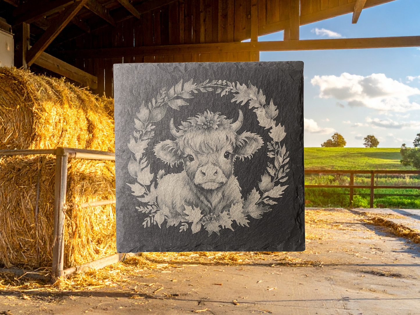 Barnyard Charm: Set of 4 Slate Coasters (Cows & Chickens) with Wooden Stands — Clucking Good Gift