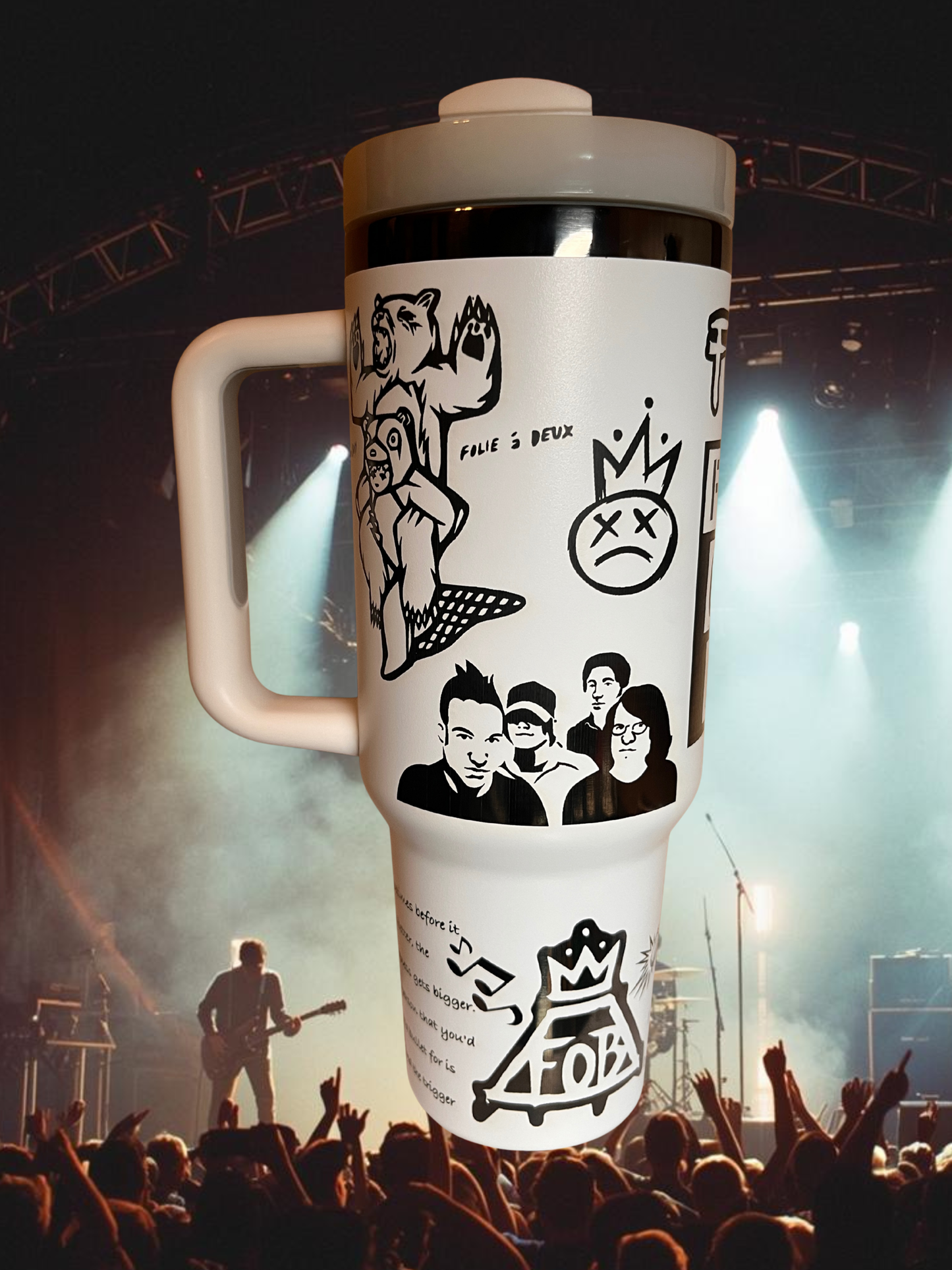 Engraved 40 oz Emo Band Tumbler — Black on White Insulated Bottle with Spill-Proof Lid, Straw & Handle