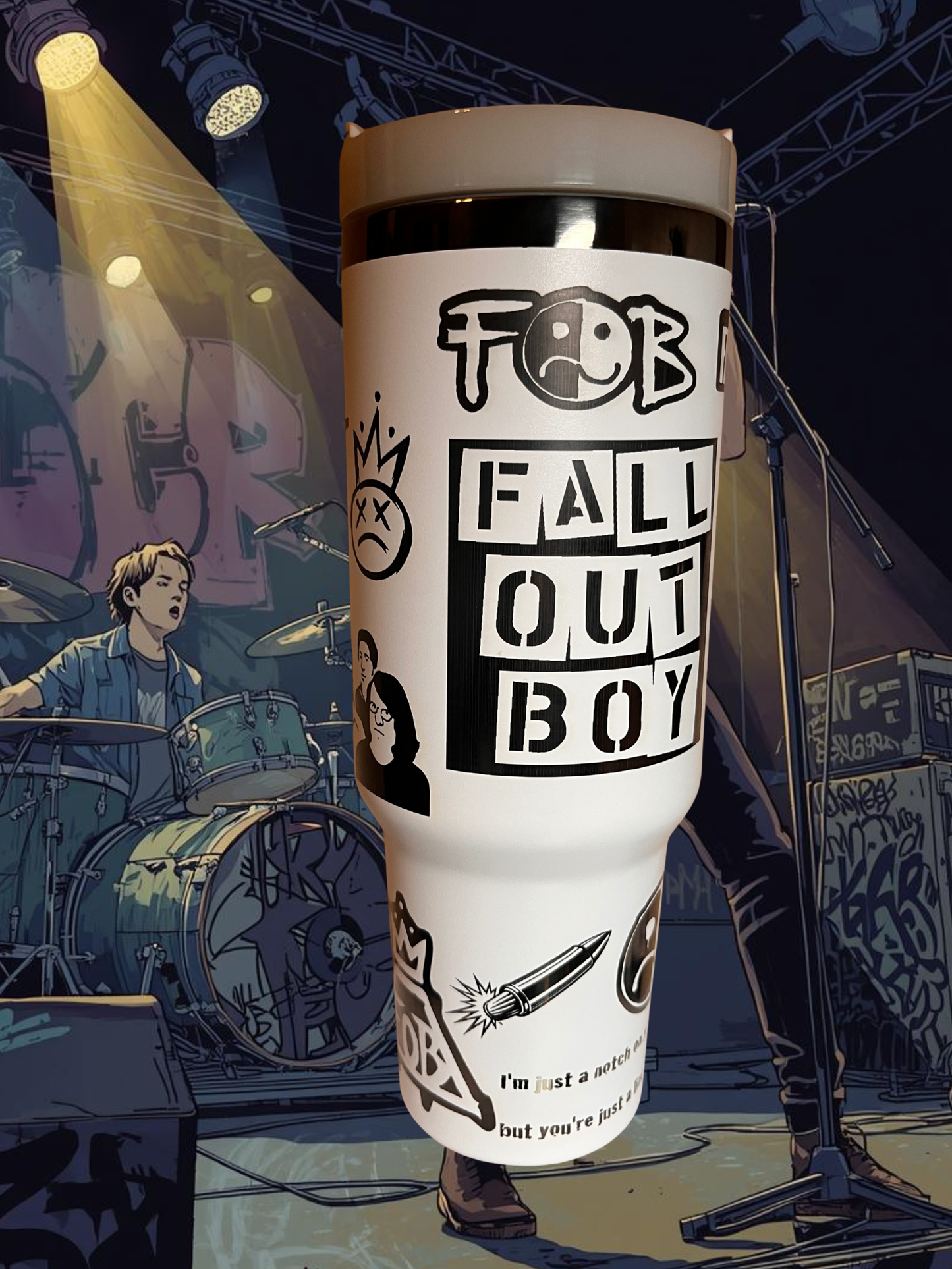 Engraved 40 oz Emo Band Tumbler — Black on White Insulated Bottle with Spill-Proof Lid, Straw & Handle