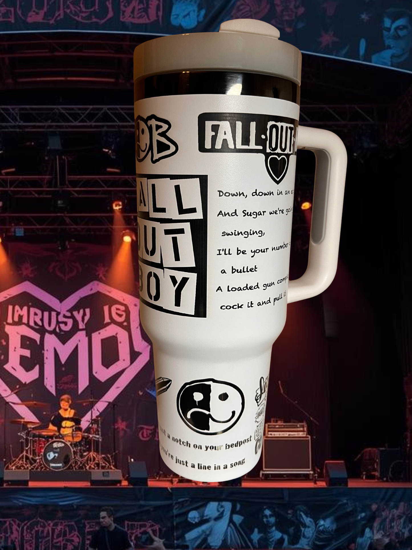 Engraved 40 oz Emo Band Tumbler — Black on White Insulated Bottle with Spill-Proof Lid, Straw & Handle