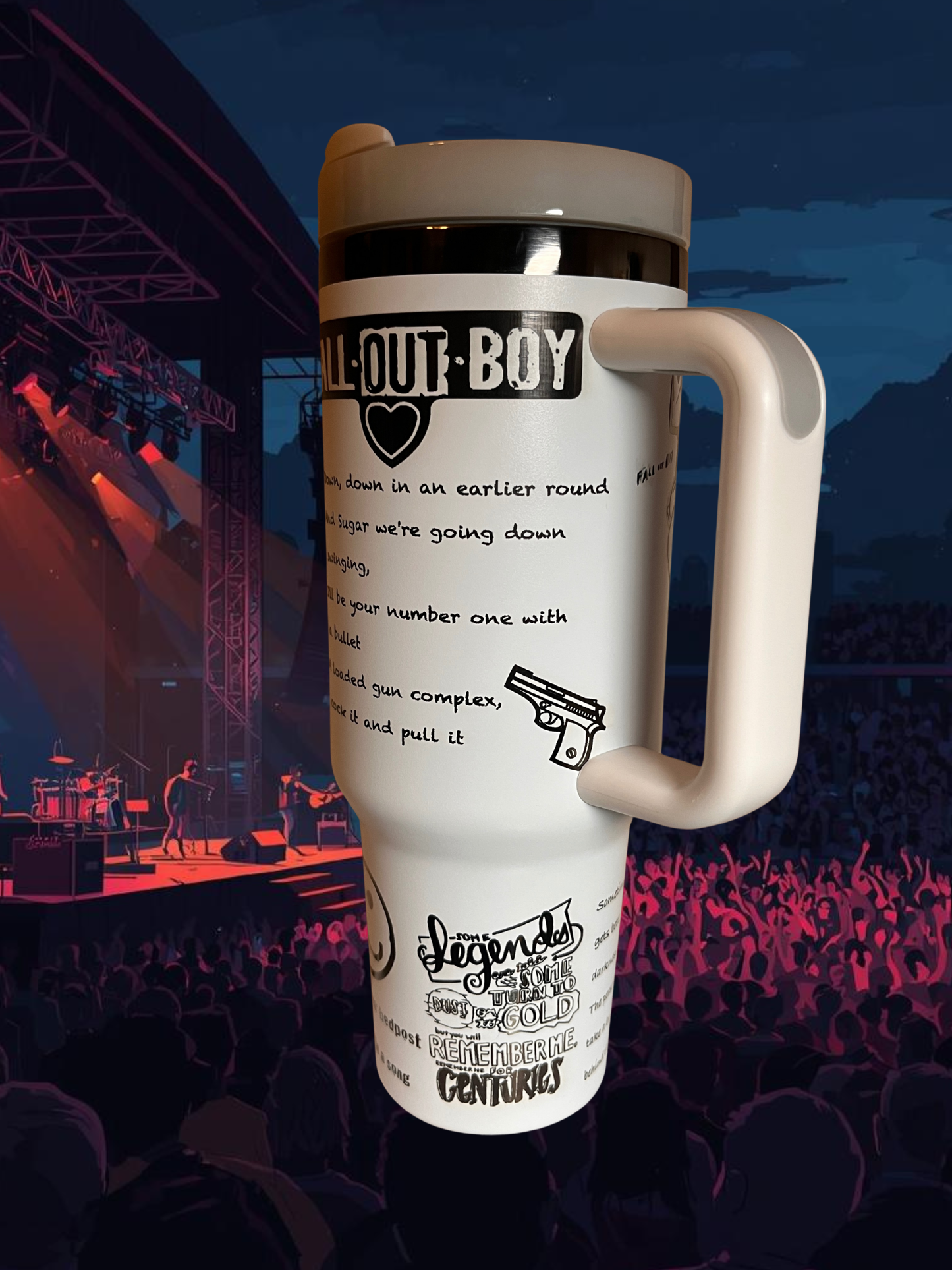 Engraved 40 oz Emo Band Tumbler — Black on White Insulated Bottle with Spill-Proof Lid, Straw & Handle