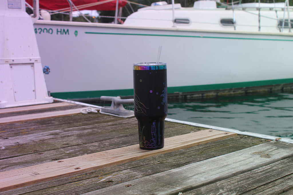 40oz Stainless Steel Tumbler with Straw & Lid – Ocean Jellyfish & Seahorse Design
