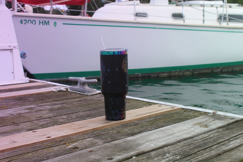40oz Stainless Steel Tumbler with Straw & Lid – Ocean Jellyfish & Seahorse Design
