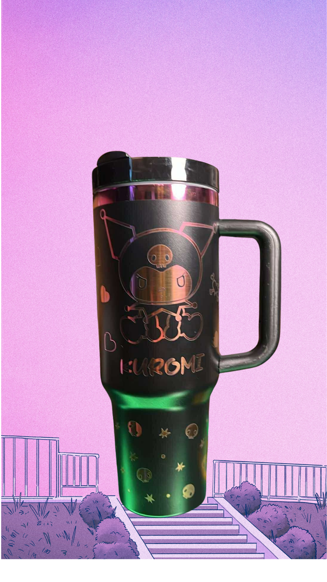 Midnight Kuromi 40oz Tumbler — Black & Purple Engraved, Leak‑Proof with Straw