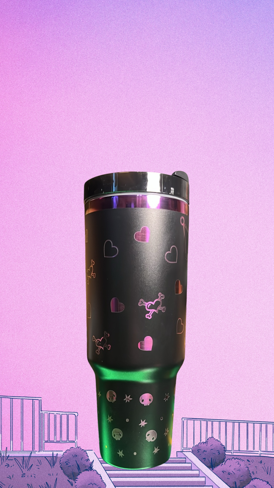 Midnight Kuromi 40oz Tumbler — Black & Purple Engraved, Leak‑Proof with Straw