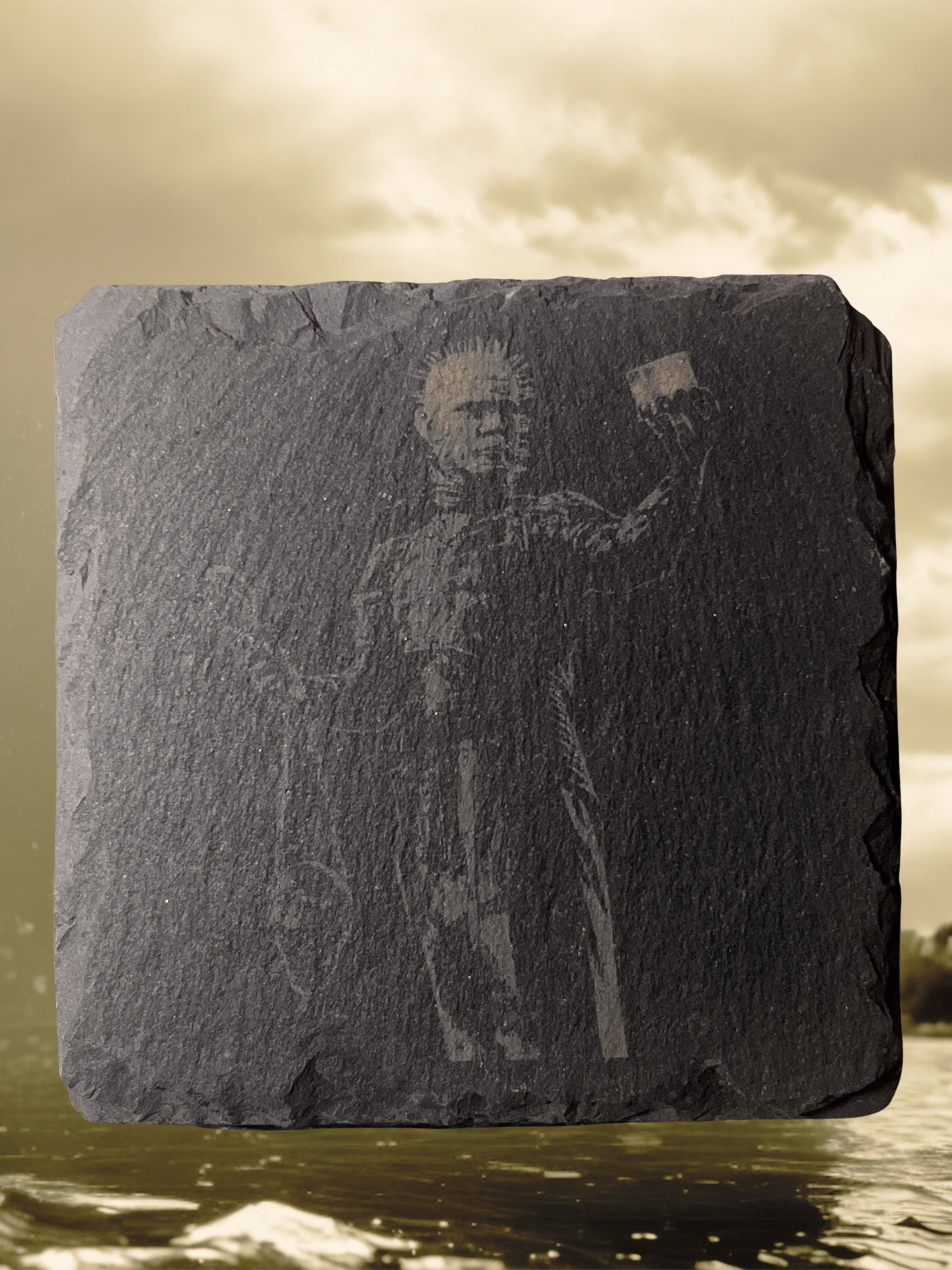 Midnight Hauntings: 4-Piece Horror Slate Coaster Set with Wooden Stands