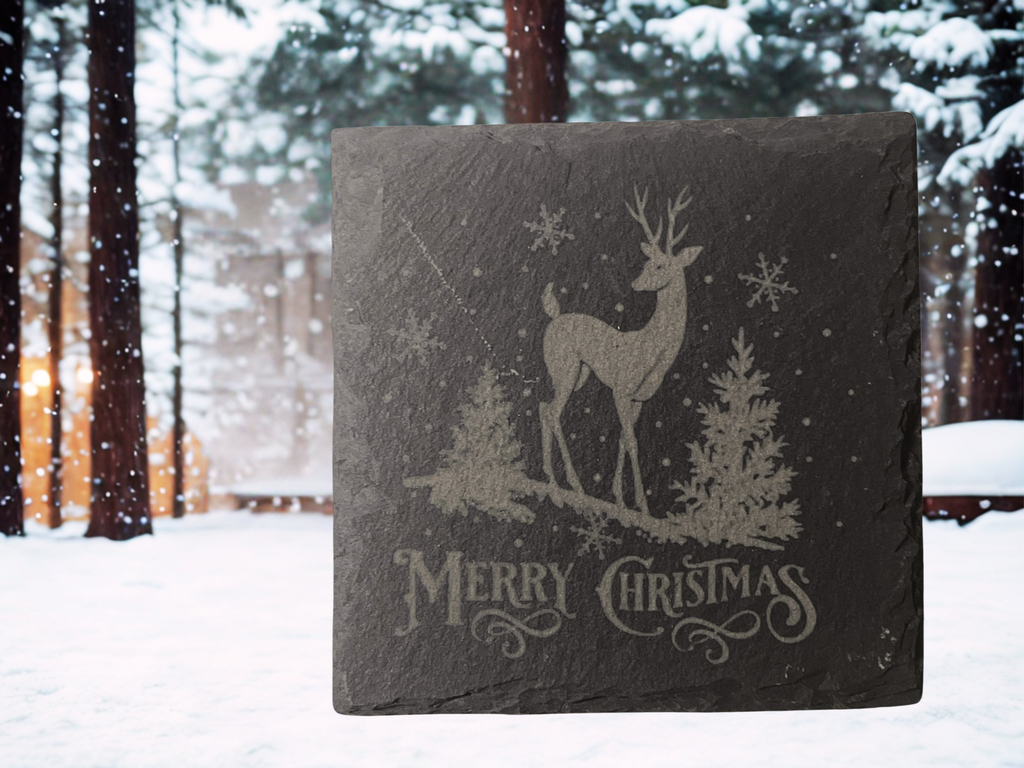 Yuletide Etchings: 4-Piece Christmas Slate Coaster Set with Wooden Stands
