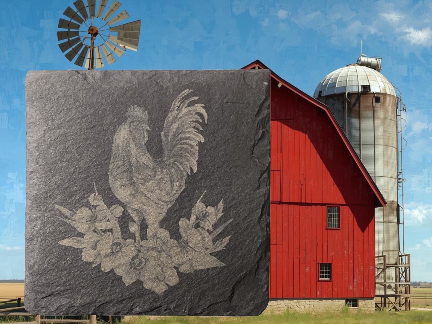 Barnyard Charm: Set of 4 Slate Coasters (Cows & Chickens) with Wooden Stands — Clucking Good Gift