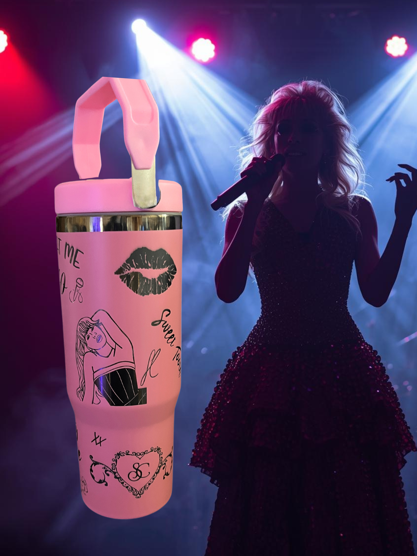 30oz Pink Flip Top Tumbler - Engraved with Sabrina Carpenter flair