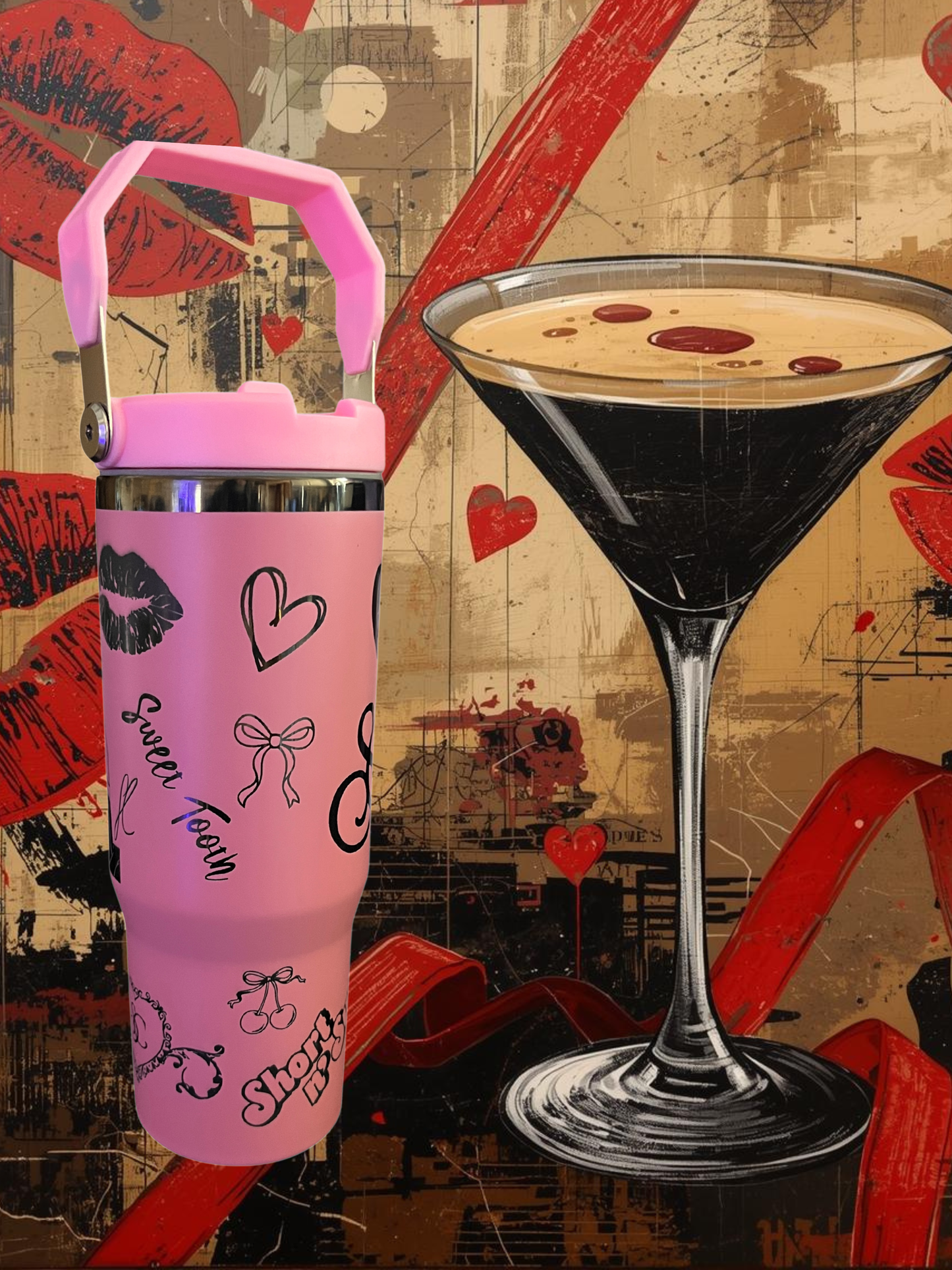 30oz Pink Flip Top Tumbler - Engraved with Sabrina Carpenter flair