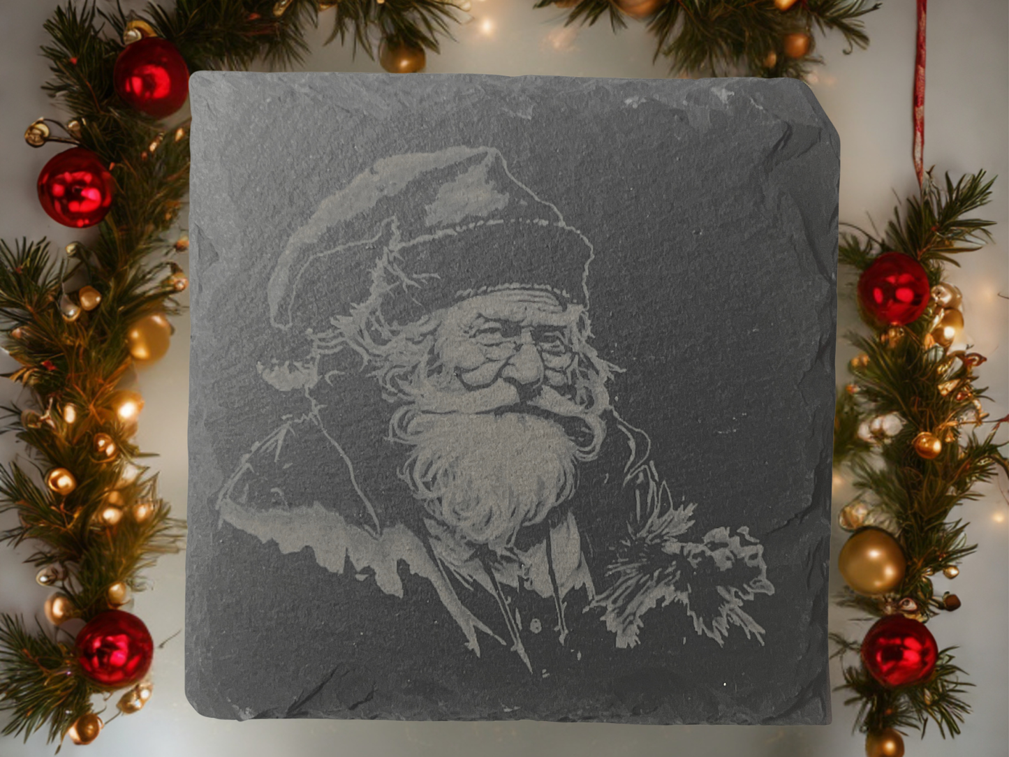 Yuletide Etchings: 4-Piece Christmas Slate Coaster Set with Wooden Stands