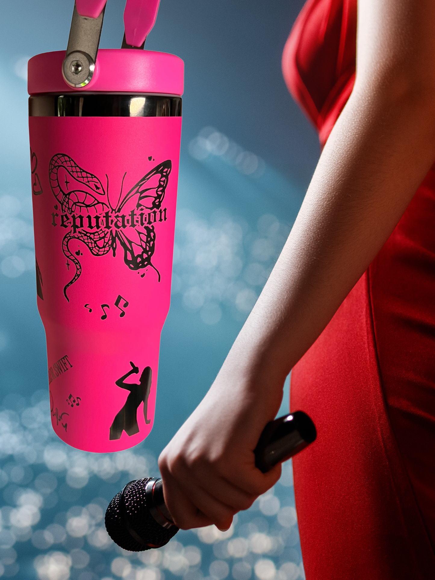 Taylor Swift Pop Princess 30oz Flip-Top Tumbler — (Hot Pink/Black • Lilac/Black • White/Rainbow)