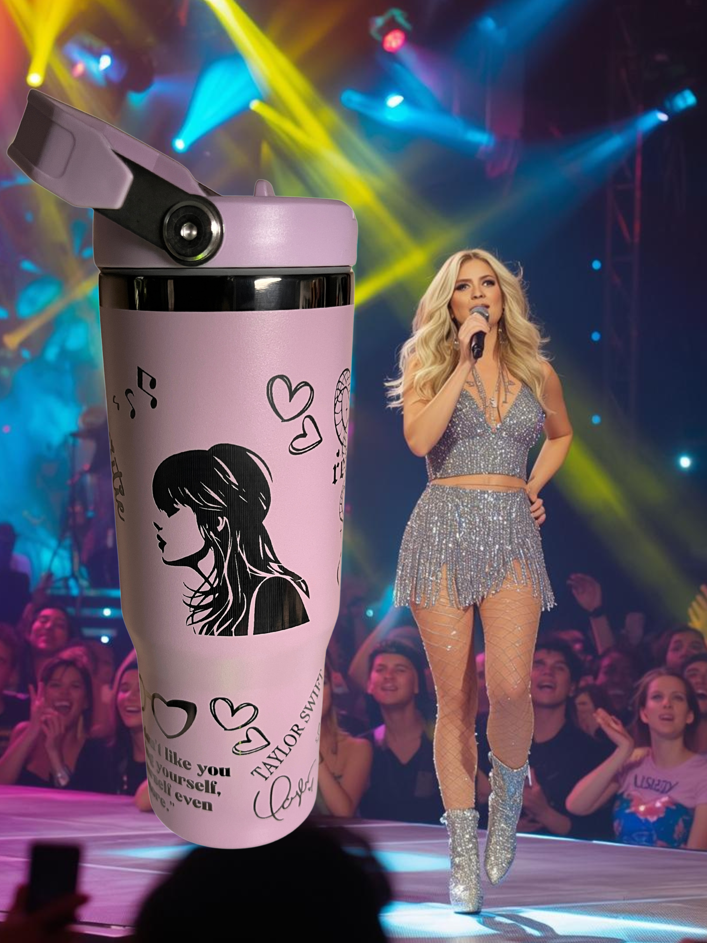 Taylor Swift Pop Princess 30oz Flip-Top Tumbler — (Hot Pink/Black • Lilac/Black • White/Rainbow)