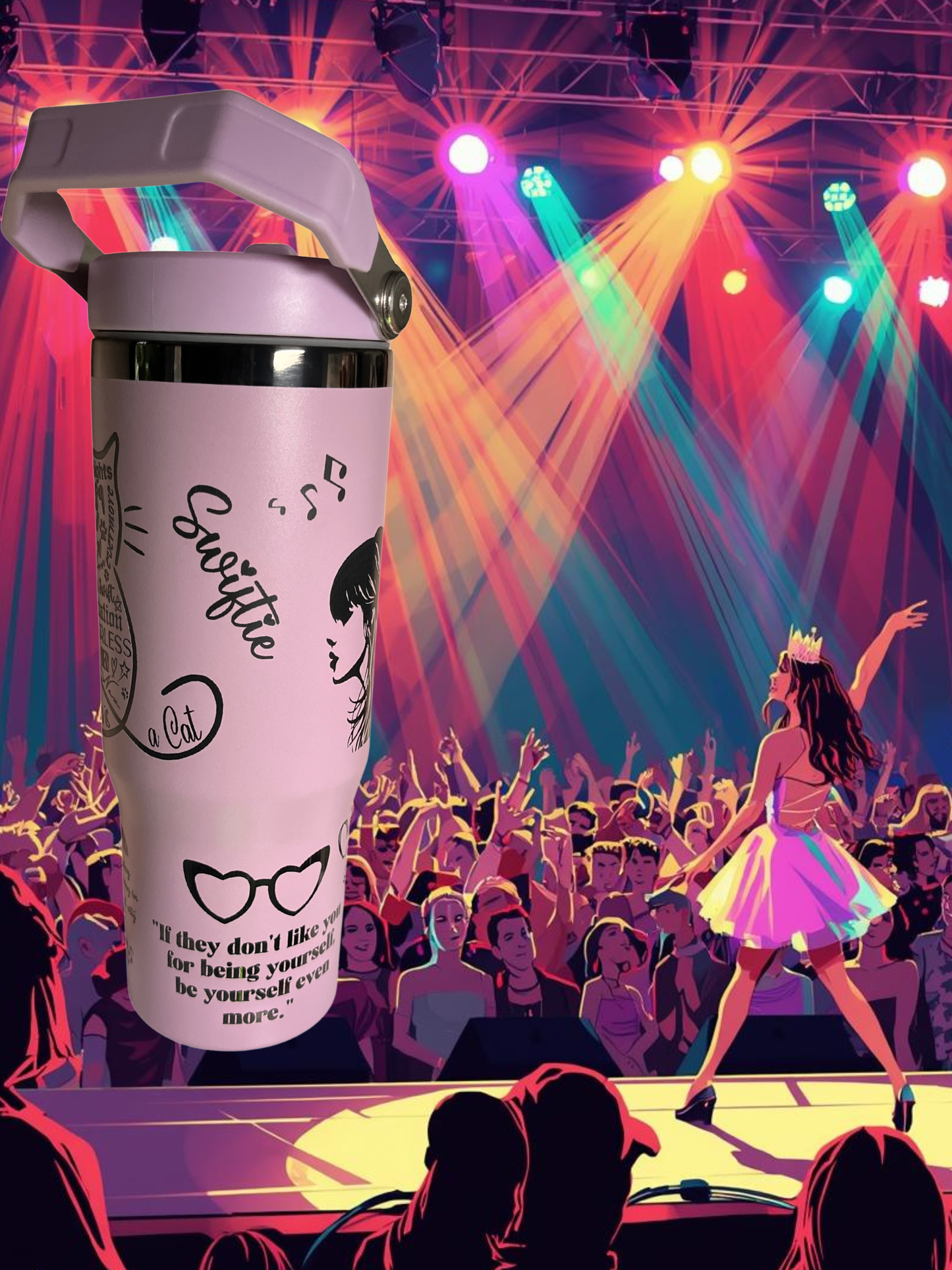 Taylor Swift Pop Princess 30oz Flip-Top Tumbler — (Hot Pink/Black • Lilac/Black • White/Rainbow)
