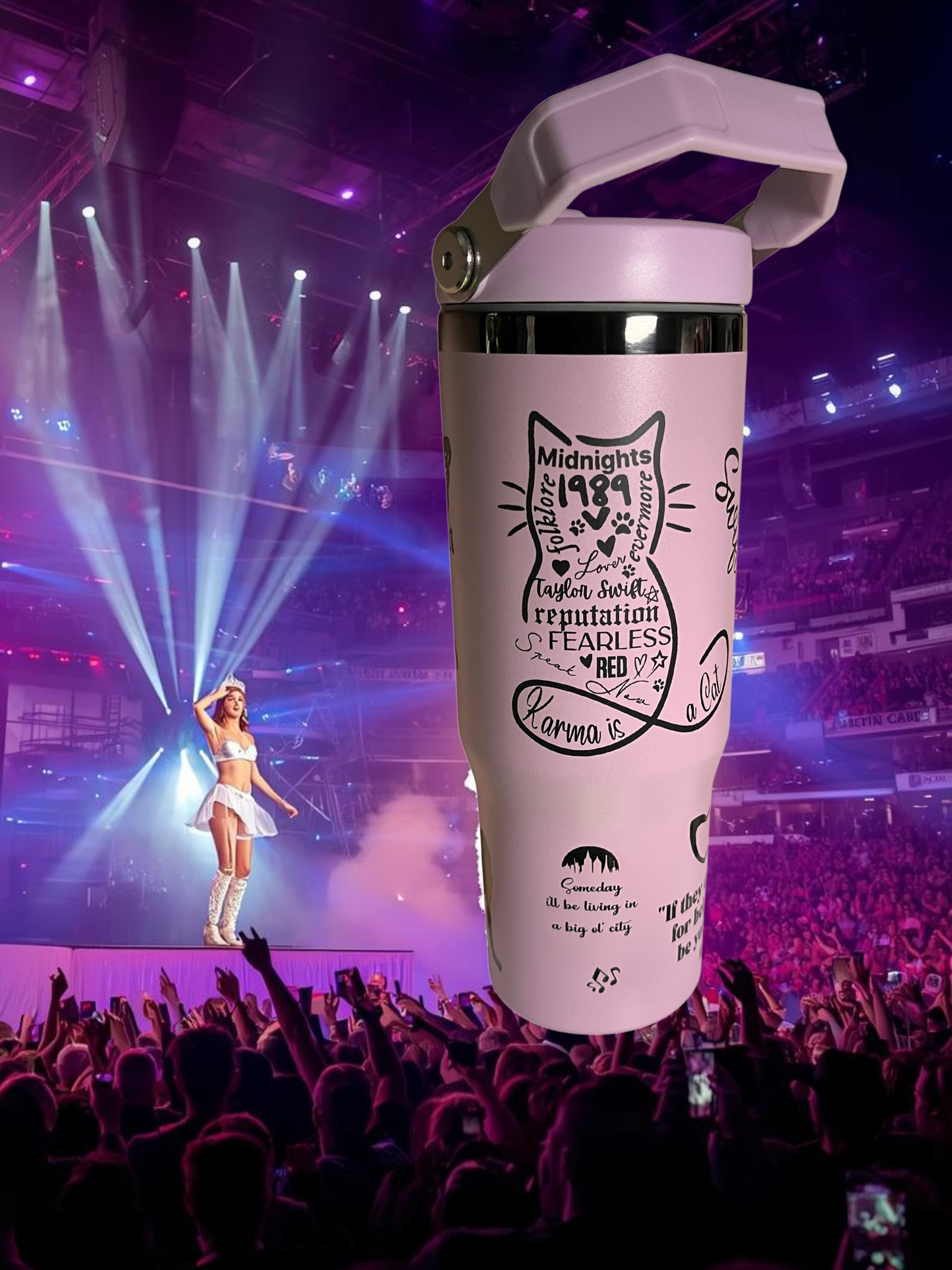 Taylor Swift Pop Princess 30oz Flip-Top Tumbler — (Hot Pink/Black • Lilac/Black • White/Rainbow)