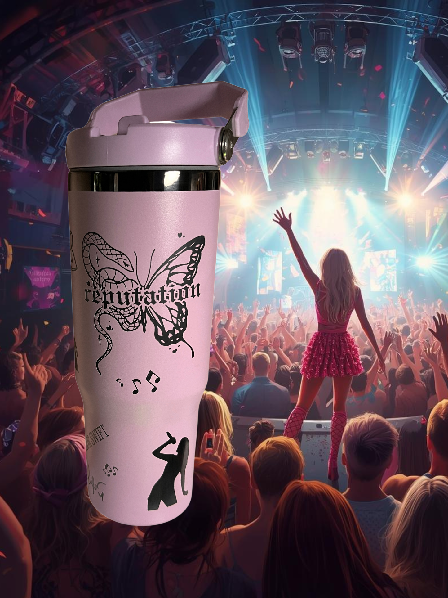 Taylor Swift Pop Princess 30oz Flip-Top Tumbler — (Hot Pink/Black • Lilac/Black • White/Rainbow)