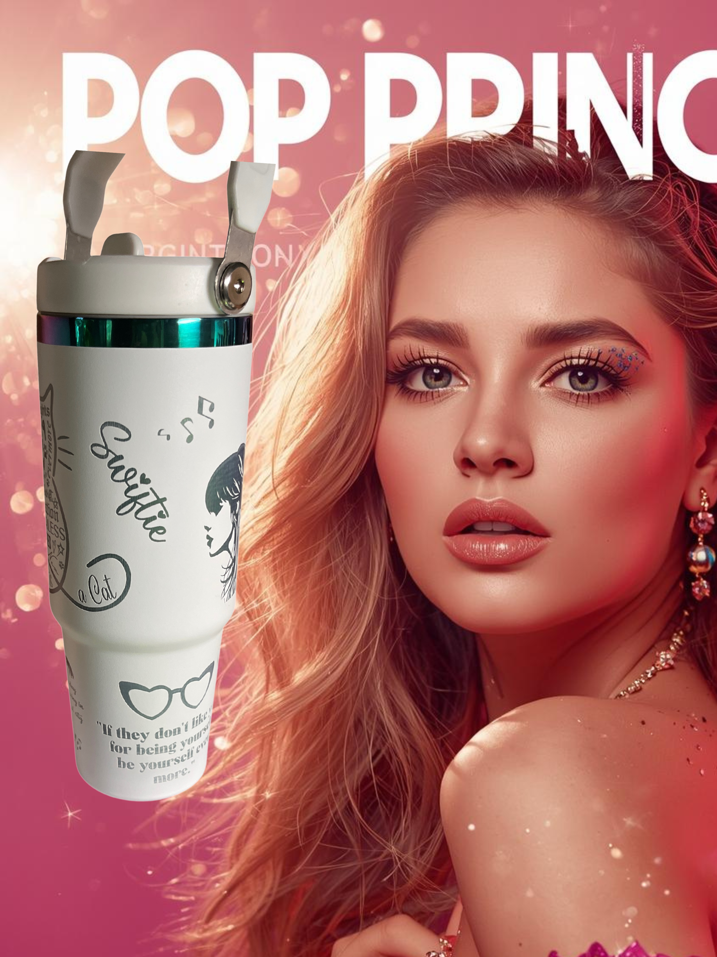 Taylor Swift Pop Princess 30oz Flip-Top Tumbler — (Hot Pink/Black • Lilac/Black • White/Rainbow)