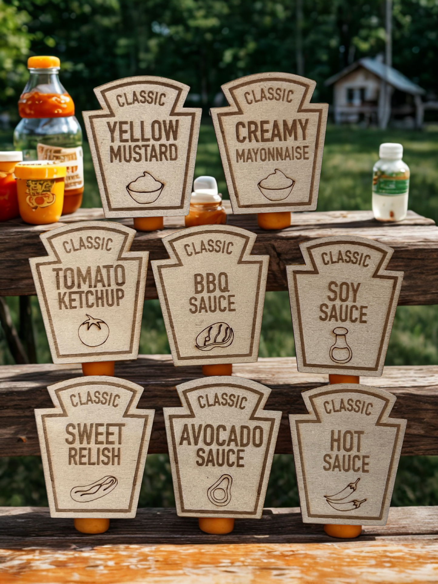 Customizable Wood Magnet Set - 8 Classic Condiment Designs