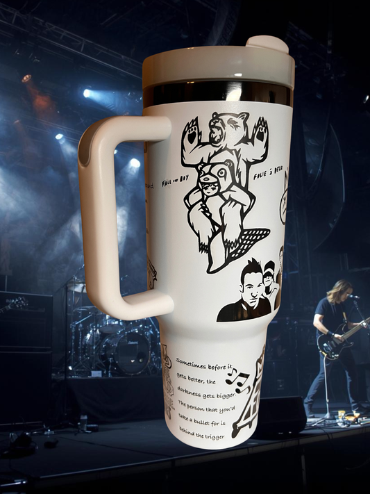 Engraved 40 oz Emo Band Tumbler — Black on White Insulated Bottle with Spill-Proof Lid, Straw & Handle
