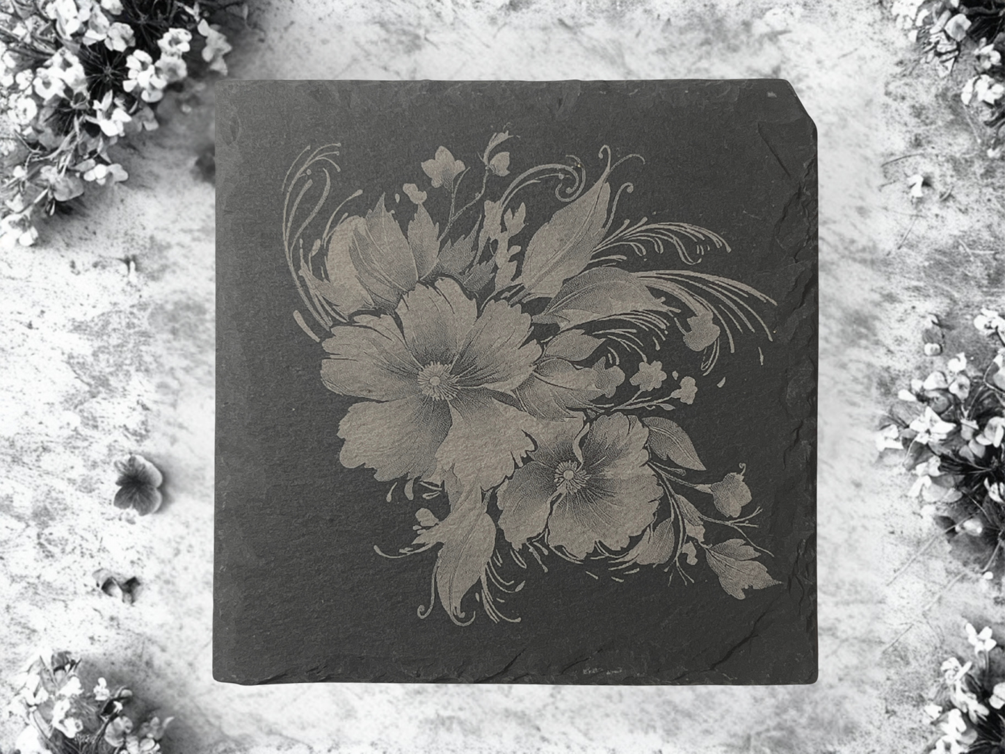 Bloom & Slate: Set of 4 Floral Slate Coasters with Wooden Stands