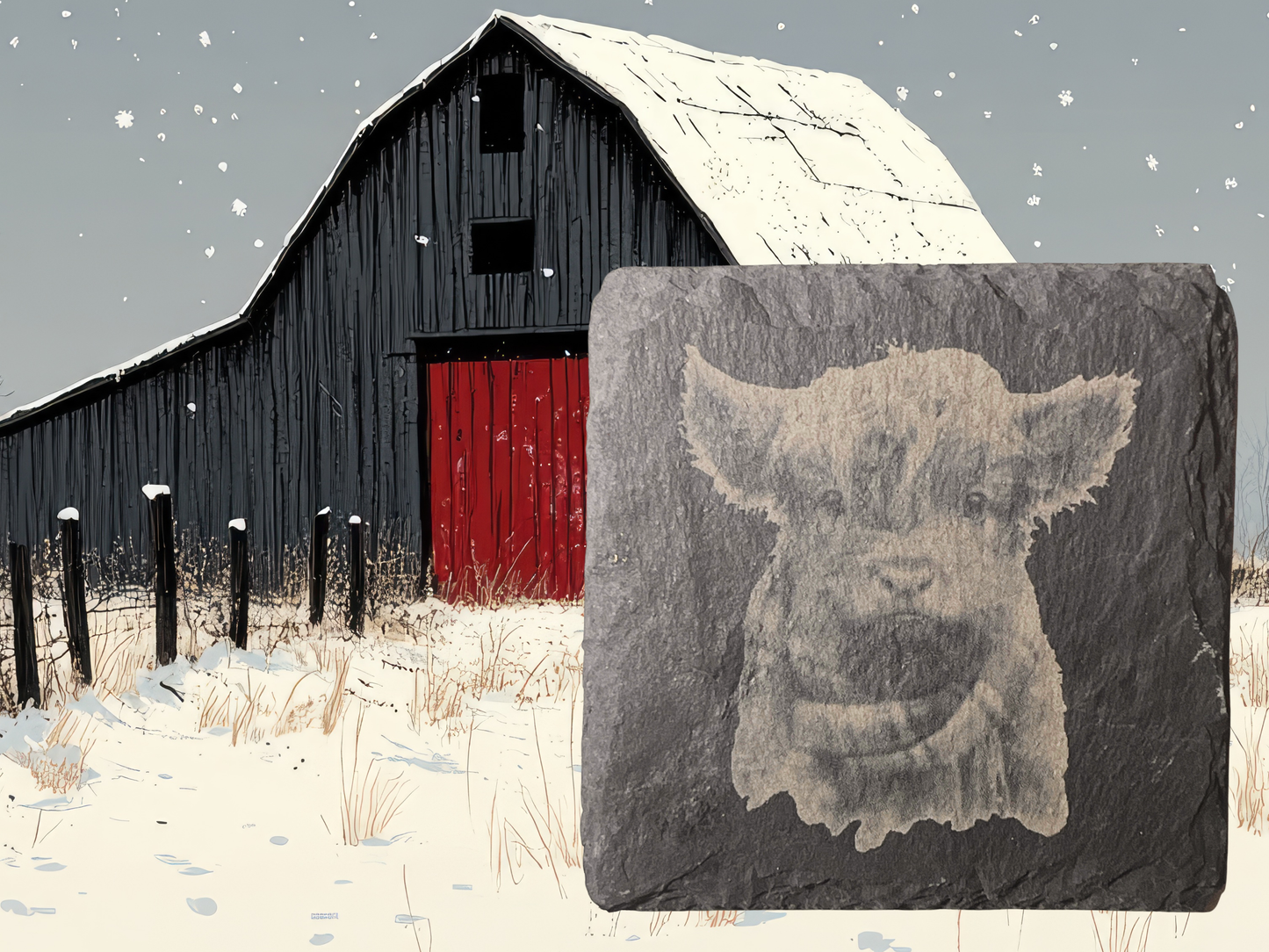 Barnyard Charm: Set of 4 Slate Coasters (Cows & Chickens) with Wooden Stands — Clucking Good Gift