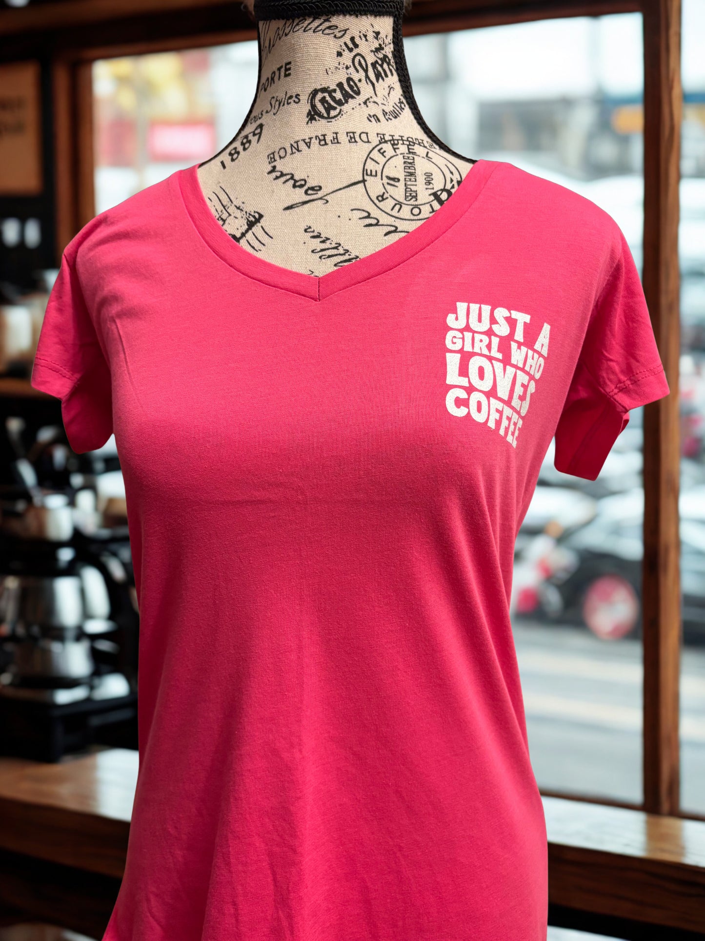 Sip in Style: Pink Tee with Chic Skeleton & Coffee Design