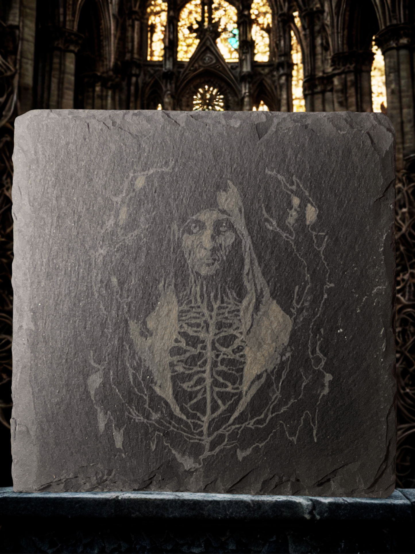 Midnight Hauntings: 4-Piece Horror Slate Coaster Set with Wooden Stands